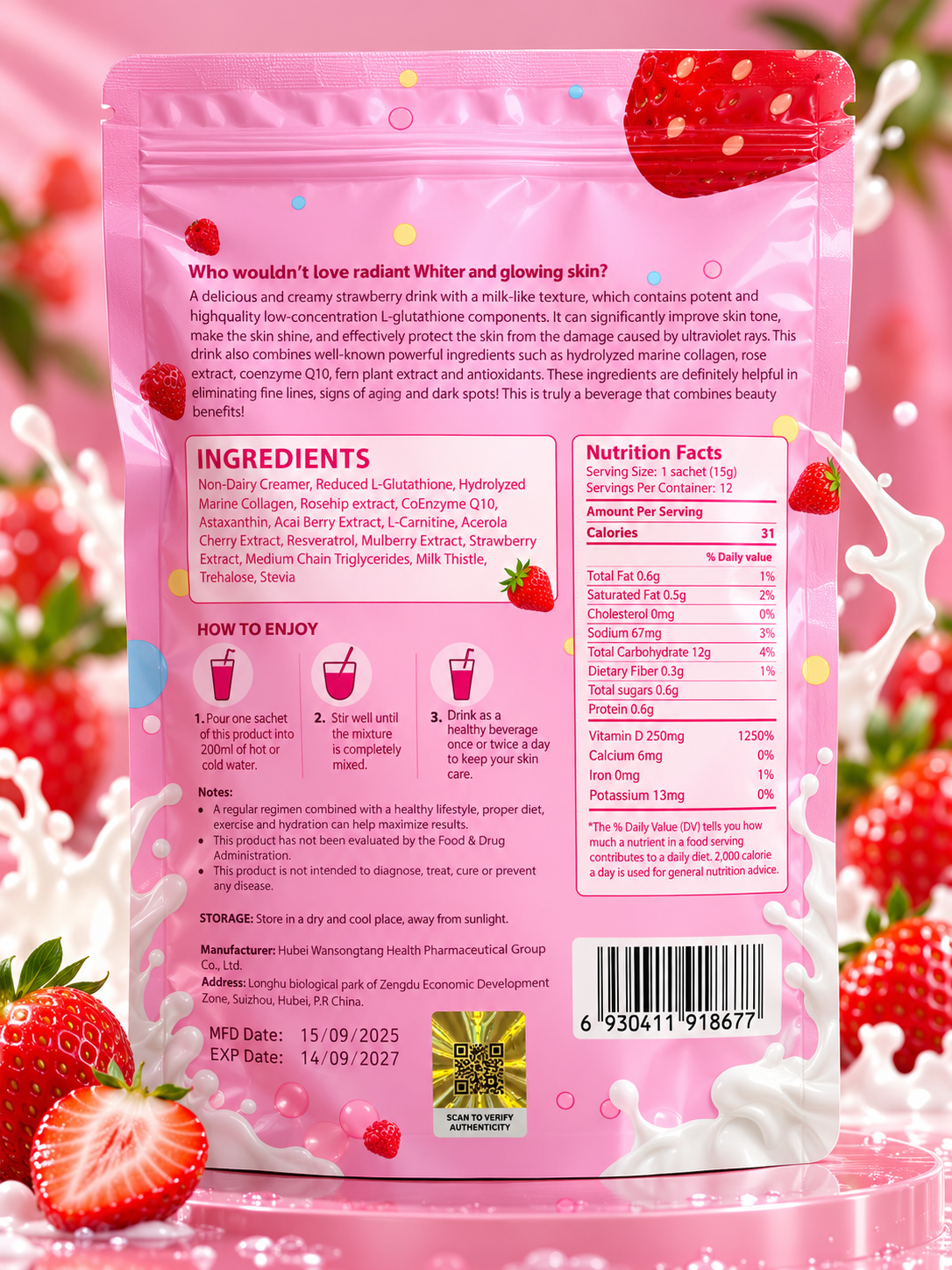 Beauty Glow Milk, Strawberry Glutathione Drink, 12 Sachets