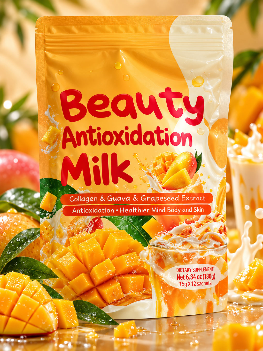 Beauty Antioxidation Milk, Mango Collagen Drink, 12 Sachets