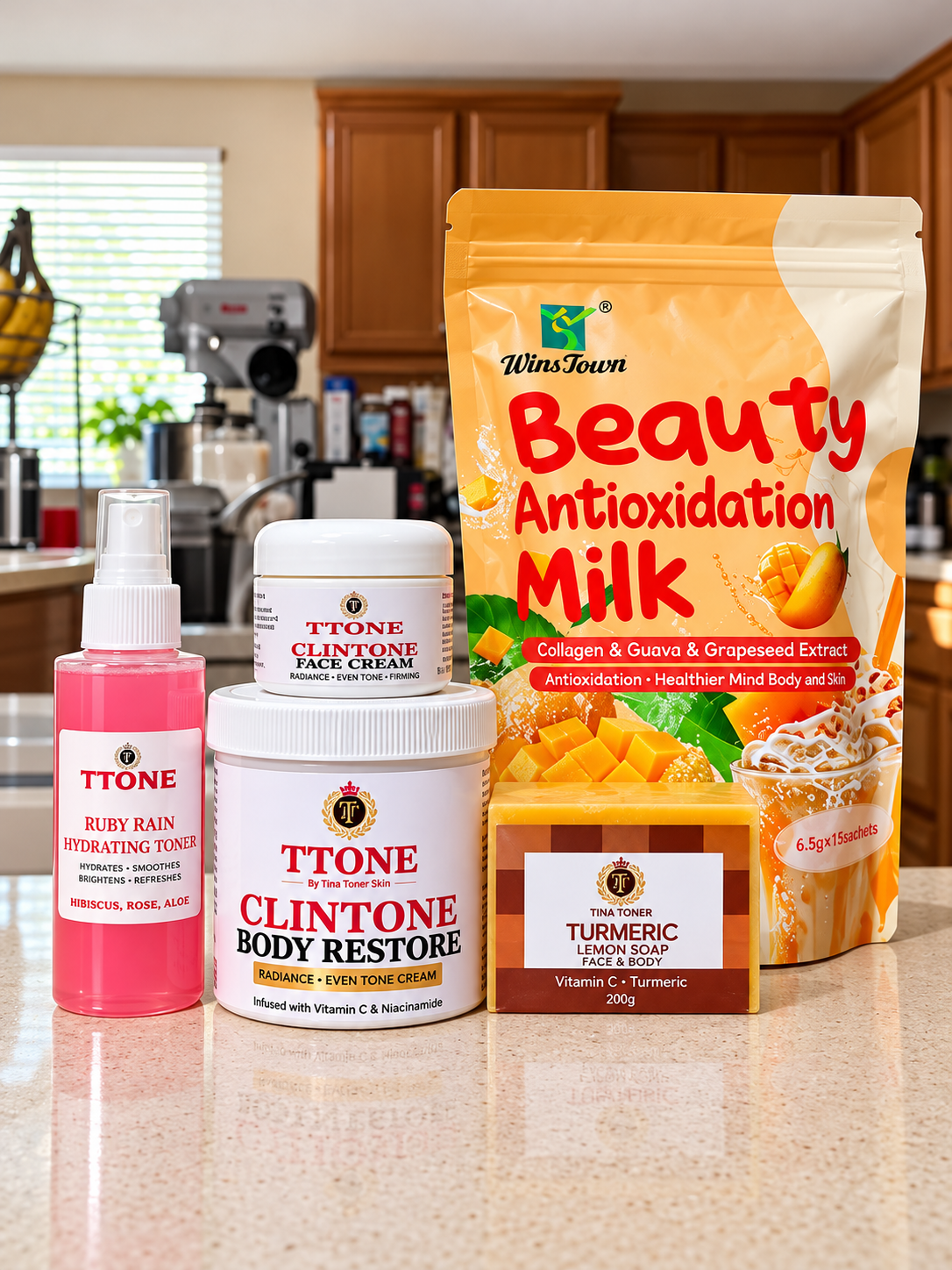 TTONE Clintone Radiance Skincare Gift Set with Beauty Antioxidation Milk, Vitamin C & Niacinamide Body Cream, Even Tone Face Cream, Rose Water Toner, Turmeric Lemon Soap & Mango Collagen Drink, 5 Piece Glow Kit