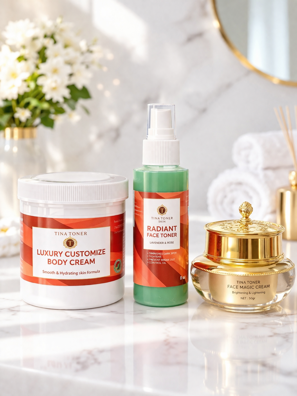 Tina Toner COUSTOMIZE 4-in-1 Skin Brightening Bundle – Face , Soap, Body Cream & Face Toner