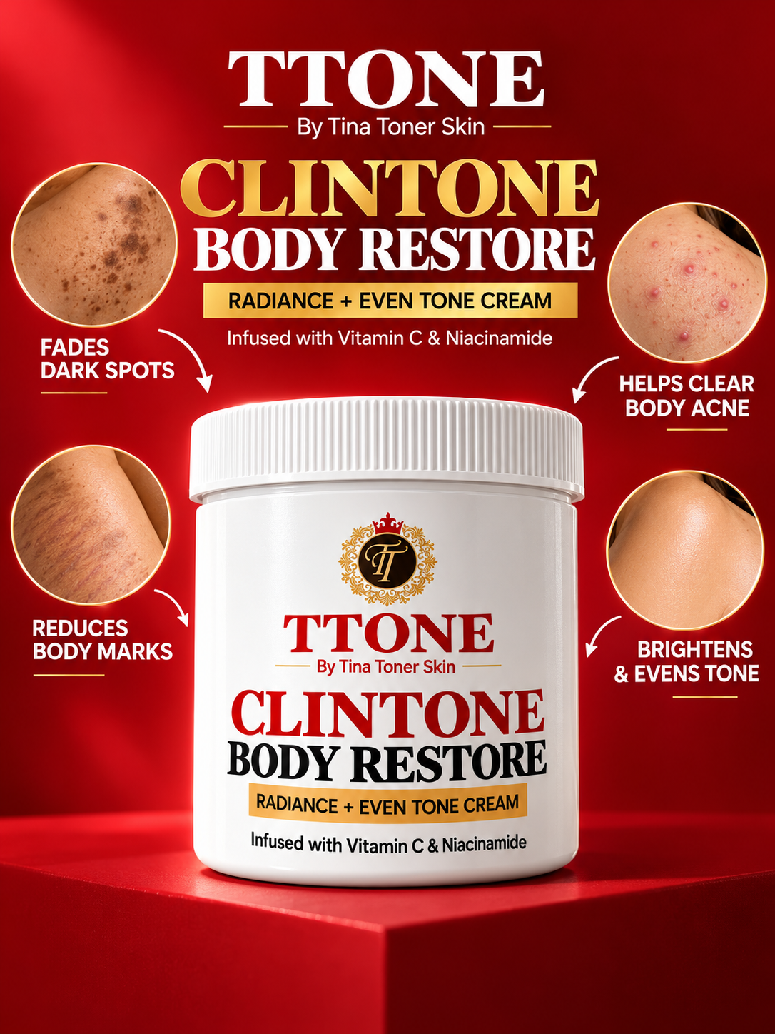 TTONE Clintone Body Restore Radiance + Even Tone Cream Jar, Infused with Vitamin C & Niacinamide