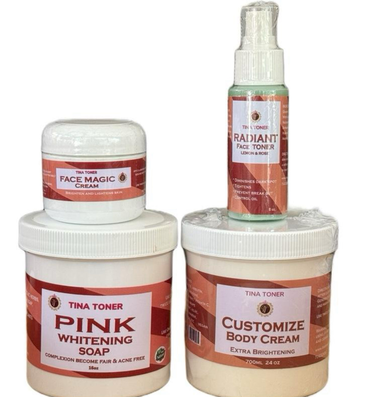 Tina Toner COUSTOMIZE 4-in-1 Skin Brightening Bundle – Face , Soap, Body Cream & Face Toner