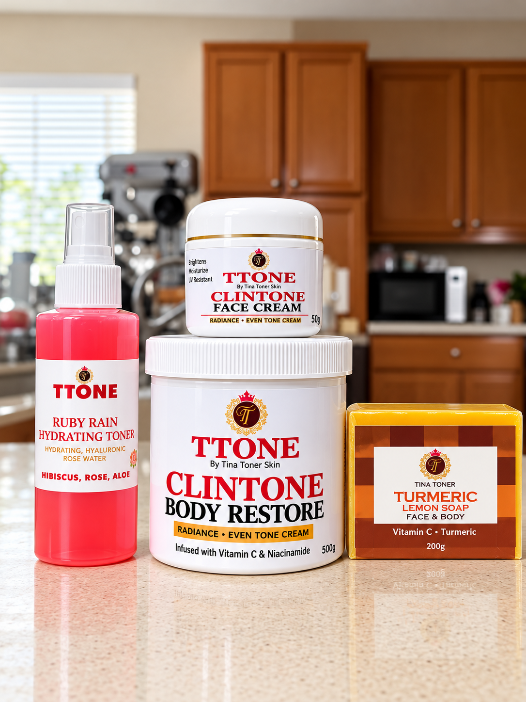 TTONE Clintone Radiance Skincare Gift Set, Vitamin C & Niacinamide Body Cream, Even Tone Face Cream, Hyaluronic Rose Water Toner & Turmeric Lemon Soap, 4 Piece Face & Body Glow Kit