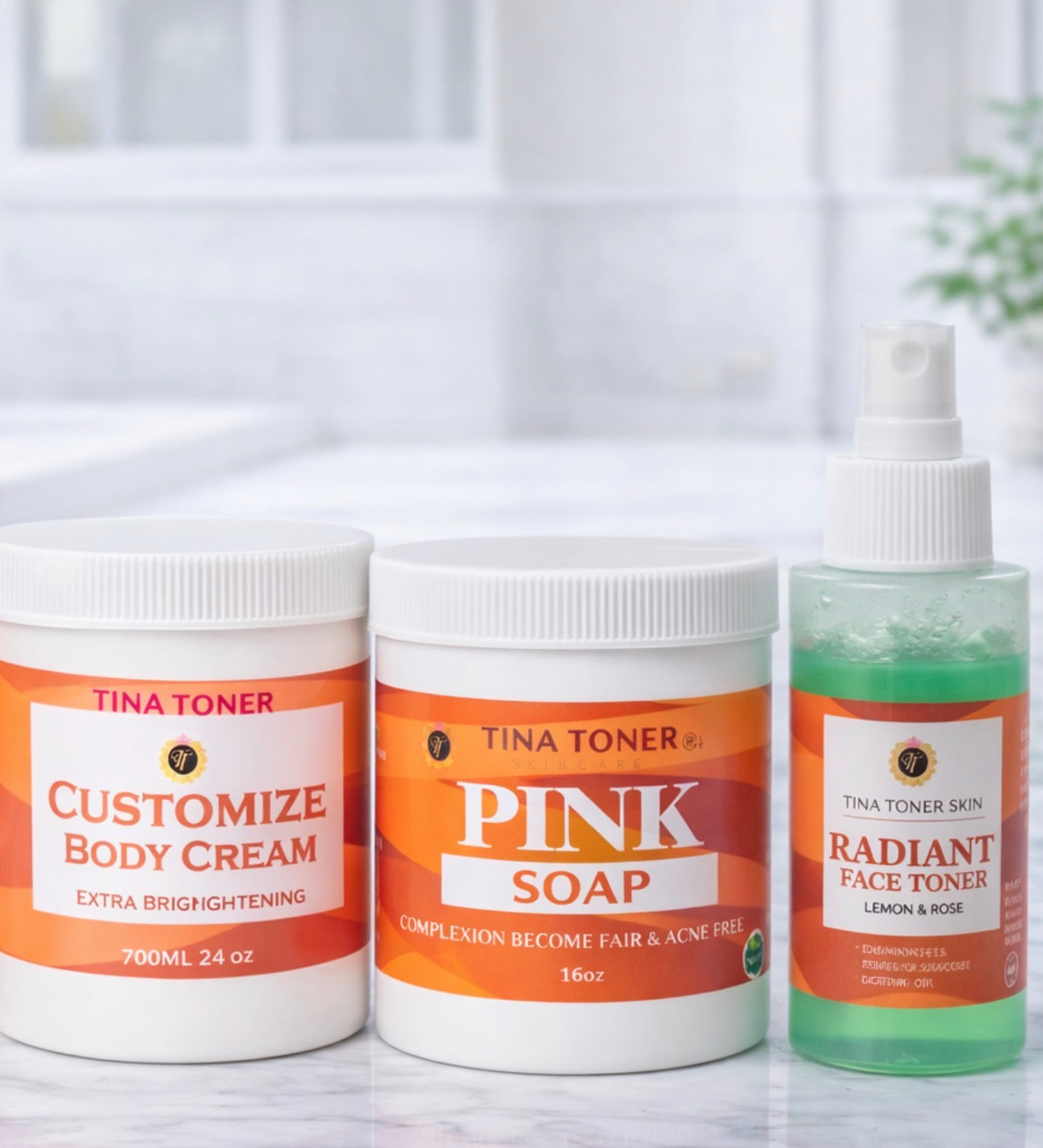 Tina Toner COUSTOMIZE 4-in-1 Skin Brightening Bundle – Face , Soap, Body Cream & Face Toner