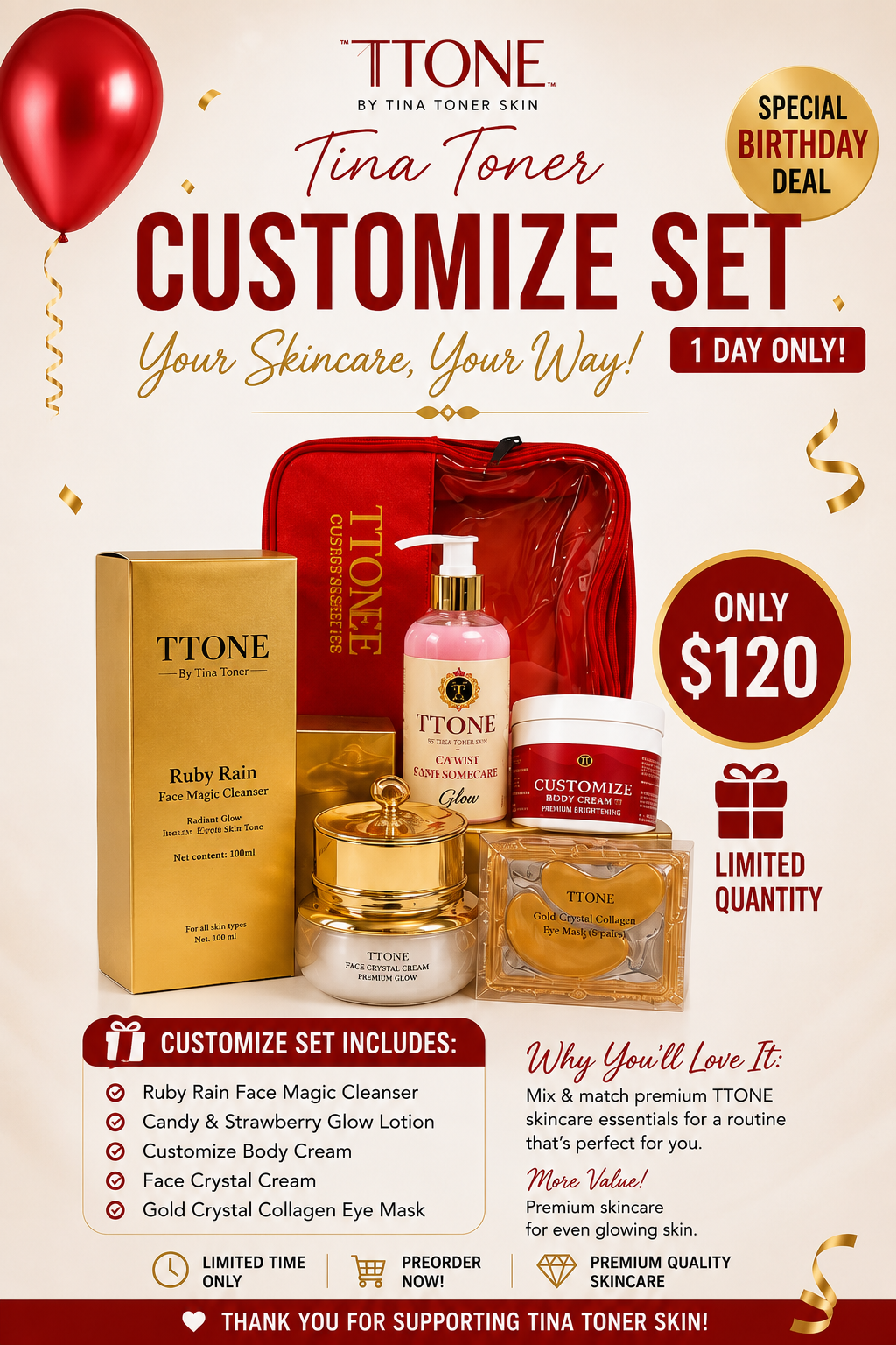 TTONE Customize Set | Premium 5-Piece Skincare Collection + Cosmetic Bag
