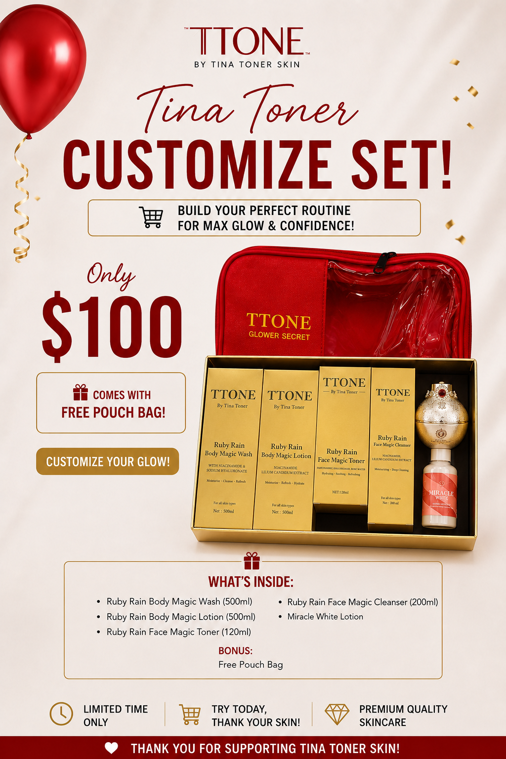TTONE Ruby Rain Customize Set | Complete Routine Bundle with Free Pouch Bag