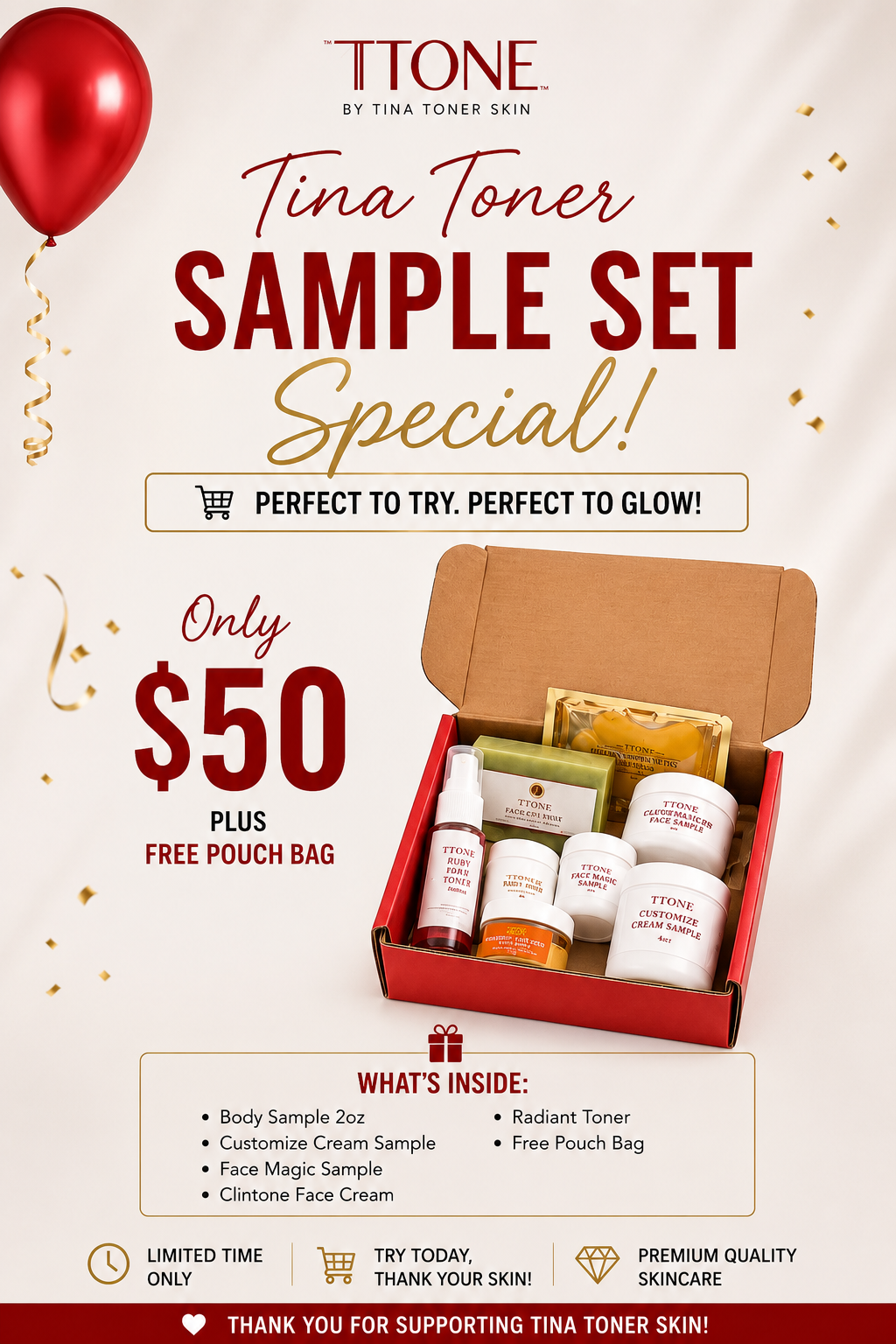 TTONE Sample Set – 6-Piece Skincare Trial Kit with Free Pouch Bag
