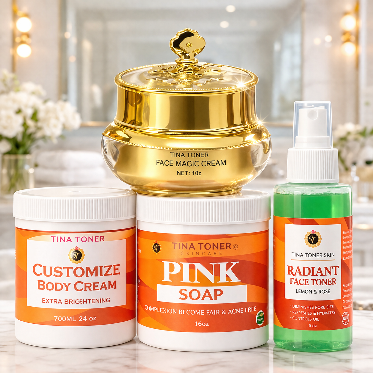 Tina Toner COUSTOMIZE 4-in-1 Skin Brightening Bundle – Face , Soap, Body Cream & Face Toner