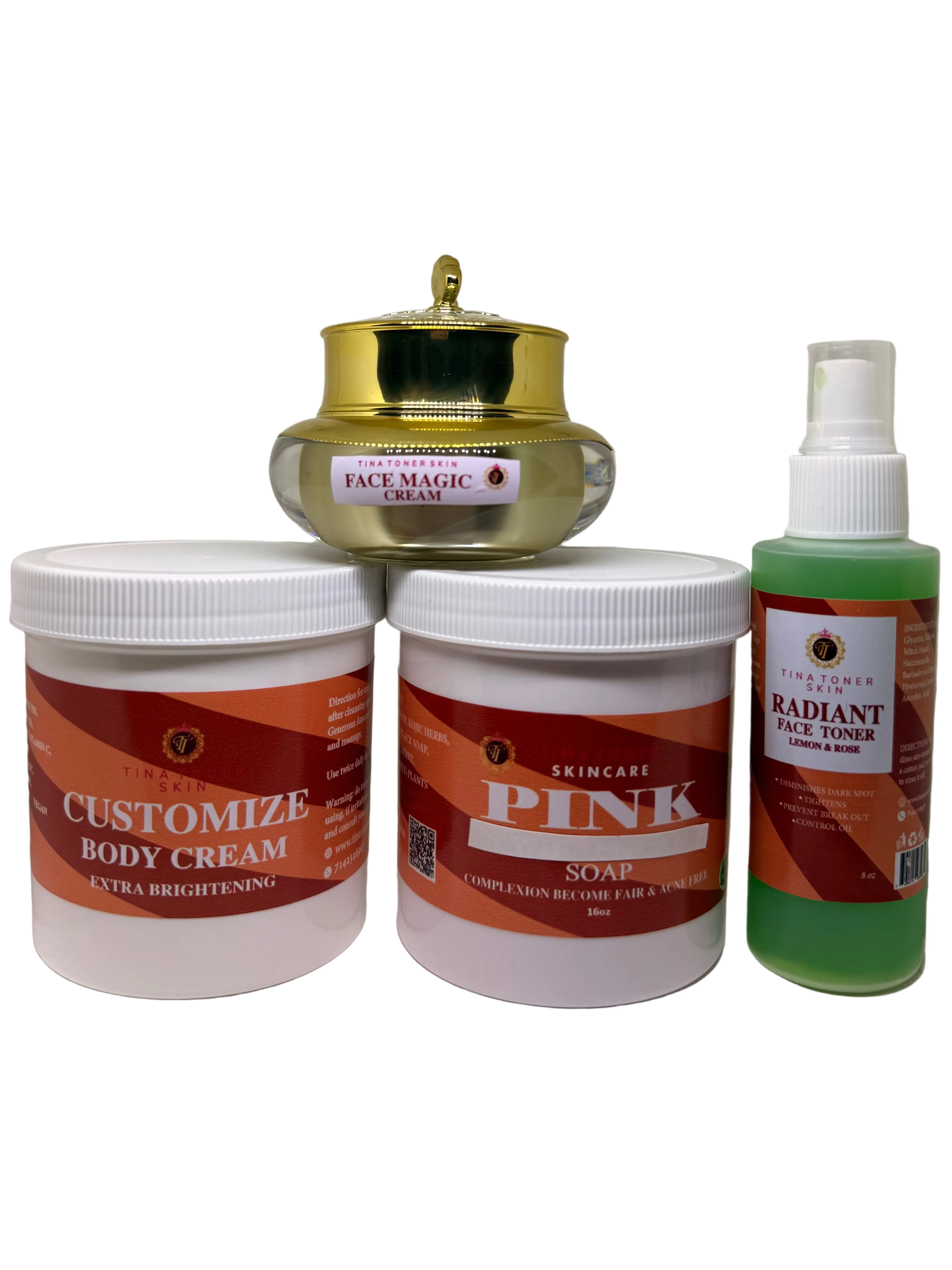 Tina Toner COUSTOMIZE 4-in-1 Skin Brightening Bundle – Face , Soap, Body Cream & Face Toner