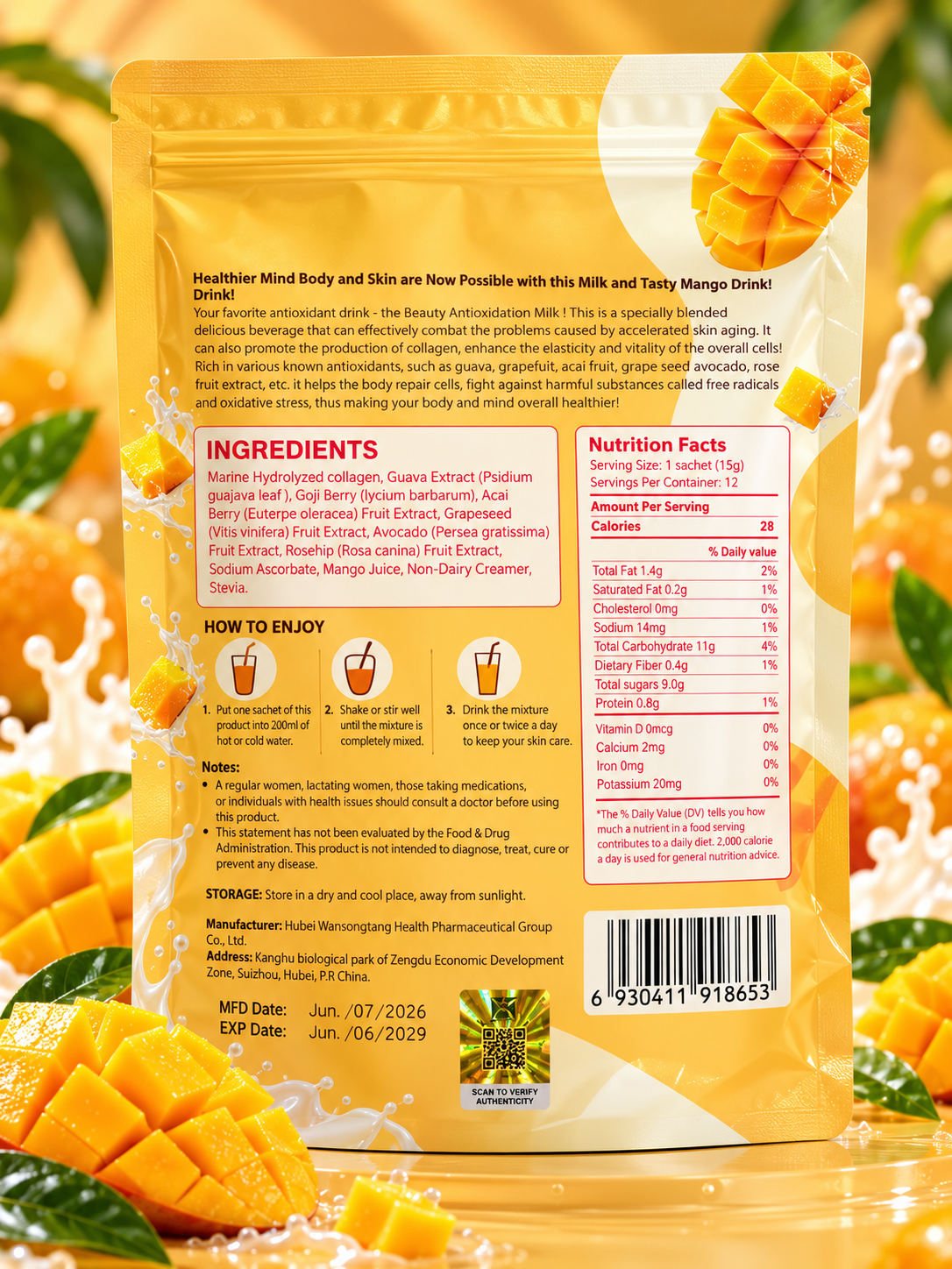 Beauty Antioxidation Milk, Mango Collagen Drink, 12 Sachets