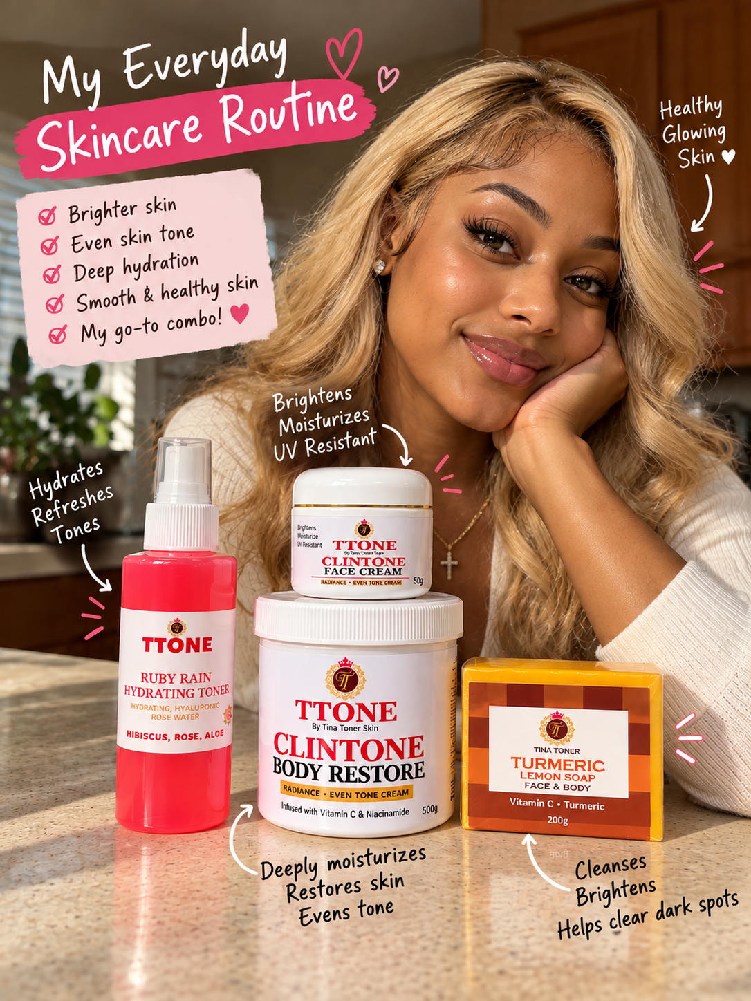 TTONE Clintone Radiance Skincare Gift Set, Vitamin C & Niacinamide Body Cream, Even Tone Face Cream, Hyaluronic Rose Water Toner & Turmeric Lemon Soap, 4 Piece Face & Body Glow Kit