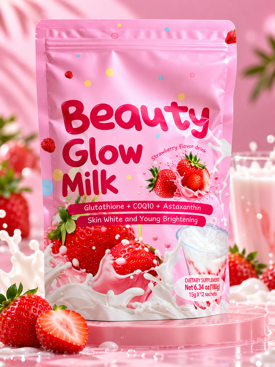 Beauty Glow Milk, Strawberry Glutathione Drink, 12 Sachets