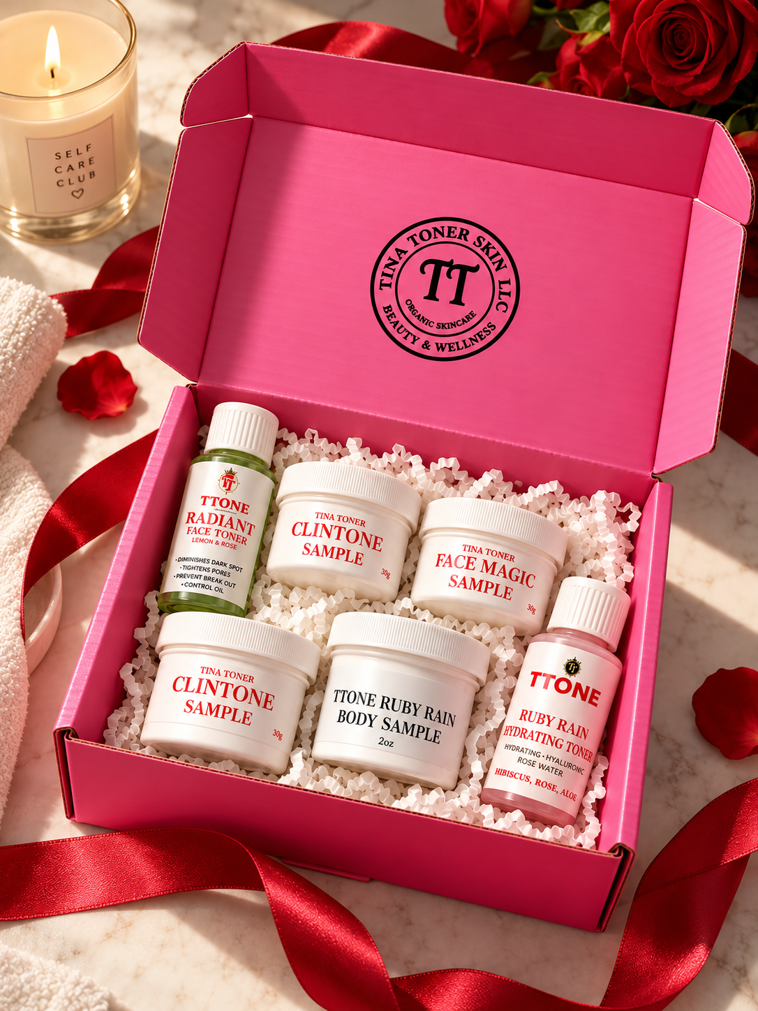 TTONE Travel Size Glow Box, 6 Piece Mini Skincare Sample Set with Clintone Cream, Face Magic Cream, Ruby Rain Body Cream, Radiant Face Toner & Ruby Rain Hydrating Toner