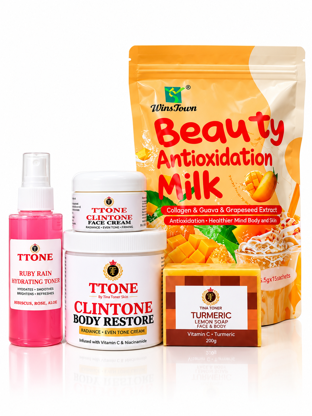 TTONE Clintone Radiance Skincare Gift Set, Vitamin C & Niacinamide Body Cream, Even Tone Face Cream, Hyaluronic Rose Water Toner & Turmeric Lemon Soap, 4 Piece Face & Body Glow Kit