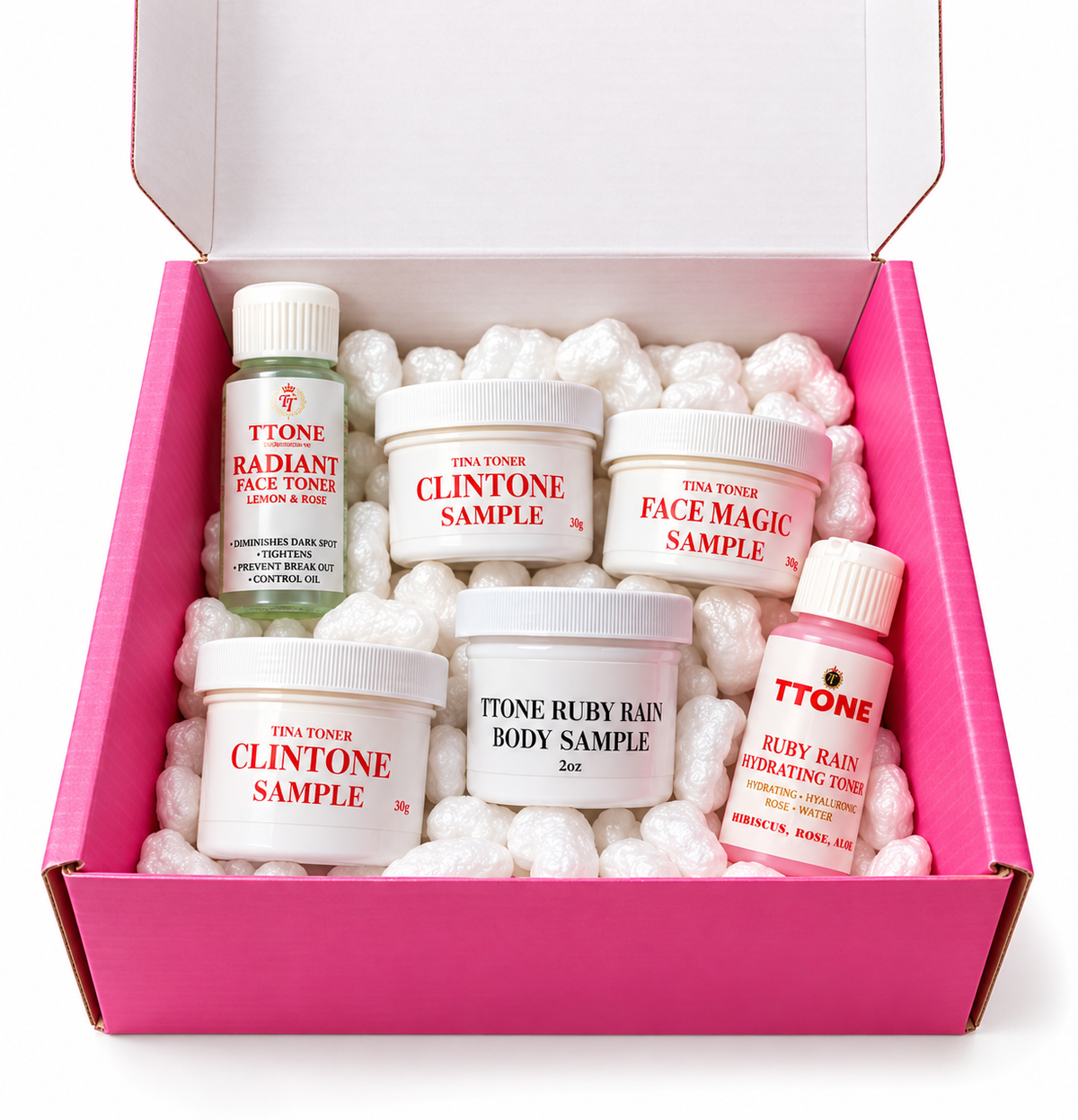 TTONE travel size skincare samples: Clintone cream, Face Magic cream, Ruby Rain body cream, Radiant face toner and Ruby Rain hydrating toner